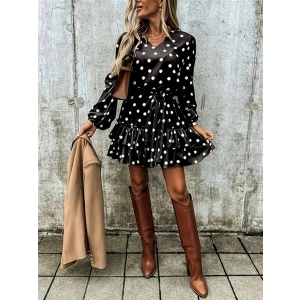 Kadın Uzun Kollu V Yakalı Belden Kuşaklı Puantiyeli Mini Modal Elbise