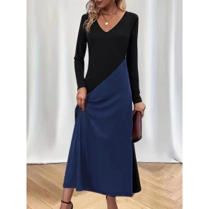 Kadın Uzun Kollu V Yakalı Blok Desenli Viskon Elbise