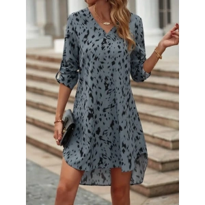 Kadın Uzun Kollu V Yakalı Desenli Kısa Keten Elbise