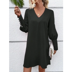 Kadın Uzun Kollu V Yakalı Kısa Ithal Krep Elbise