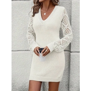 Kadın Uzun Kollu V Yakalı Mini Triko Elbise