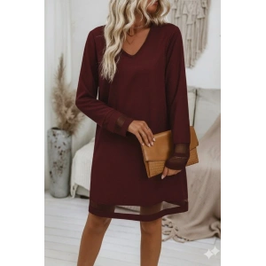 Kadın Uzun Kollu V Yakalı Tül şerit Detaylı Mini Krep Elbise