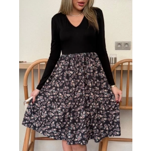 Kadın Uzun Kollu V Yakalı üst Viskon Alt çiçek Desenli Süprem Kısa Elbise