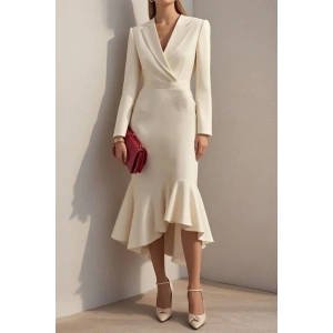 Kadın Uzun Kollu Yakalı Belden Oturtmalı Midi Ithal Krep Elbise