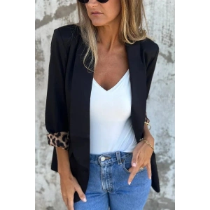 Kadın Uzun Kollu Yakalı önü Açık Leopar Desen Detaylı Astarlı Atlas Ceket