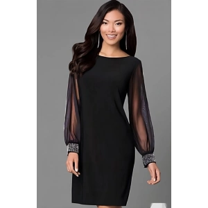 Kadın Uzun Kollu Yakası Yanlardan Hafif Açık Kollar Tül Ve Taş Detay Kısa Krep Elbise