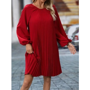 Kadın Uzun Kollu Yuvarlak Yaka Pileli Salaş Mini Ithal Krep Elbise