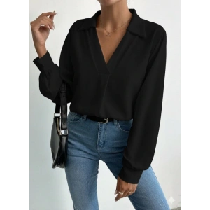 Kadın V Yaka Uzun Kollu Mosskrep Kumaş Bluz