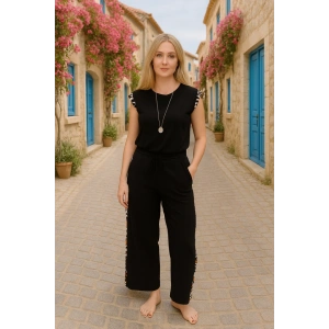 Kadın Yarasa Kol Dijital Baskı Detay Bluz Ve Yanı şerit Detay Kristal Kumaş Pantolon Ikili Takım