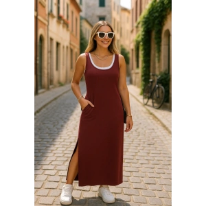 Kadın Yırtmaç Detaylı Viskon Kumaş Maxi Boy Cepli Iç Dahil Ikili Elbise