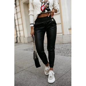 Kadın Yüksek Bel Lastikli Cepli Deri Pantolon