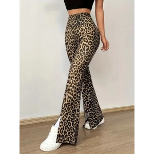 Kadın Yüksek Bel Leopar Desenli Yırtmaçlı Dalgıç Tayt