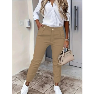 Kadın Yüksek Bel önden Düğmeli Cepli Bilek Lastik Detay Atlas Pantolon