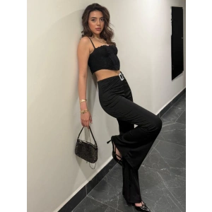 Kadın Yüksek Bel Tokalı Ispanyol Paçalı Dalgıç Pantolon