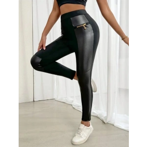 Kadın Yüksek Bel Yan şerit Deri Detay Fermuarlı Dalgıç Tayt