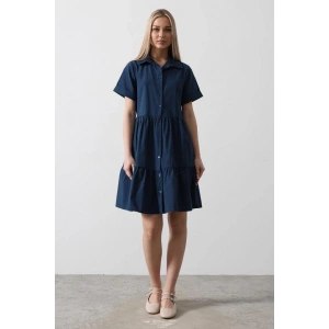 Kısa Kol Düğmeli Elbise - İndigo