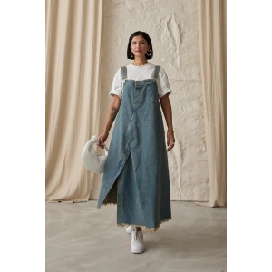 Mavi Askılı Düğmeli Kot Elbise