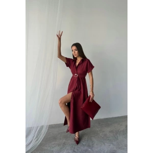 ÖNDEN DÜĞMELİ CRUSHLI MODAL ELBİSE - Bordo