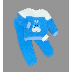 Ponponlu Zürafa Desenli Kuzu Kumaş Uzun Kollu 2li Kız Erkek Çocuk Takımı Saks Mavisi