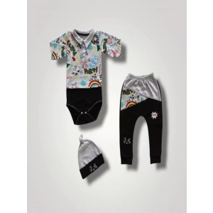 Power Kedi Nakışlı Uzun Kollu Zıbınlı Şapkalı3lü Kız Erkek Bebek Takımı Siyah
