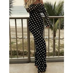 Puantiyeli Tül İçi Astarlı Madonna Yaka Maxi Boy Elbise