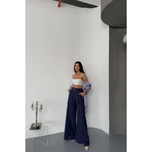SALAŞ ÖNDEN YIRTMAÇ DETAYLI BEL KEMERLİ PANTOLON - Lacivert