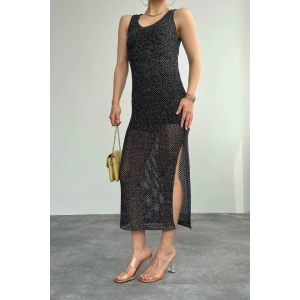 Simli Ajurlu Uzun Elbise - Lacivert-Sarı