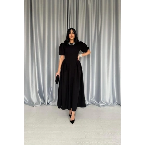 Siyah Etek Yanları Büzgülü Balon Kollu Elbise