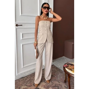 Straplez Büstiyerli Plazzo Pantolonlu Çizgili Takım 10151