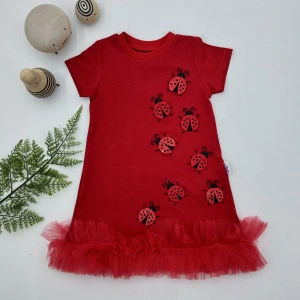 Uğur Böceği Nakışlı Fırfır Uçlu Kız Çocuk Jile Elbisesi Kırmızı