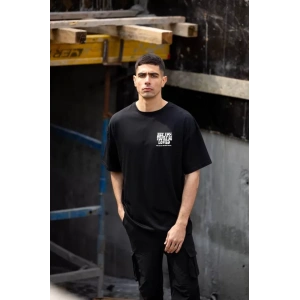 Unisex Bisiklet Yaka Baskılı Oversize T-Shirt - Siyah