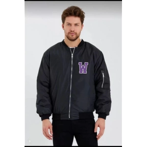 Unisex Uzun Kol Baskılı Bomber Ceket - Siyah