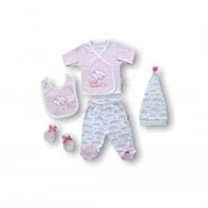 Uykucu Bulut Nakışlı %100 Cotton Antibakteriyel 5li Zıbın Takımı Hastane Çıkışı