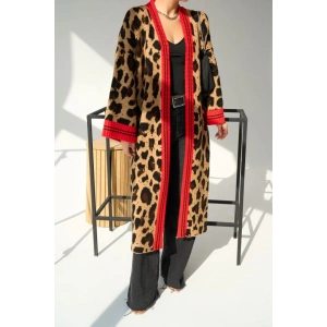Uzun Leopar Hırka - Camel-Kırmızı