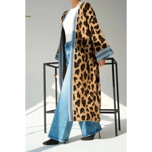 Uzun Leopar Hırka - Camel-Mavi