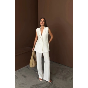 YAKA MİDYE KABUĞU SIRALI YELEK - PANTOLON  TAKIM KETEN KUMAŞ - Beyaz
