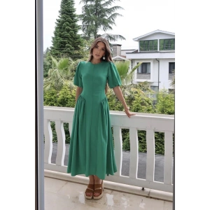 Yeşil Arkadan Bağlamalı Büzgülü Keten Elbise