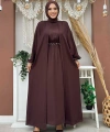 Bel Bilek Kısımları Taşlı Elbiseli Abaya Takım 8490 Kahverengi