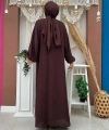 Bel Bilek Kısımları Taşlı Elbiseli Abaya Takım 8490 Kahverengi