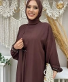 Bel Bilek Kısımları Taşlı Elbiseli Abaya Takım 8490 Kahverengi