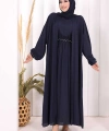 Bel Bilek Kısımları Taşlı Elbiseli Abaya Takım 8490 Lacivert