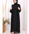 Bel Bilek Kısımları Taşlı Elbiseli Abaya Takım 8490 Siyah