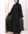 Bel Bilek Kısımları Taşlı Elbiseli Abaya Takım 8490 Siyah