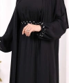 Bel Bilek Kısımları Taşlı Elbiseli Abaya Takım 8490 Siyah