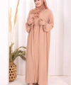Bel Bilek Kısımları Taşlı Elbiseli Abaya Takım 8490 Somon