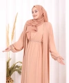 Bel Bilek Kısımları Taşlı Elbiseli Abaya Takım 8490 Somon