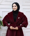 Bel Kuşaklı Yaka Taş Broş Detaylı Kaban 7874 Bordo