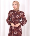 Belden Bağlamalı Desenli Elbise 6075 Mürdüm