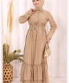Belden Lastikli Boydan Düğmeli Elbise 6062 Camel