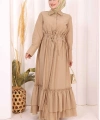 Belden Lastikli Boydan Düğmeli Elbise 6062 Camel